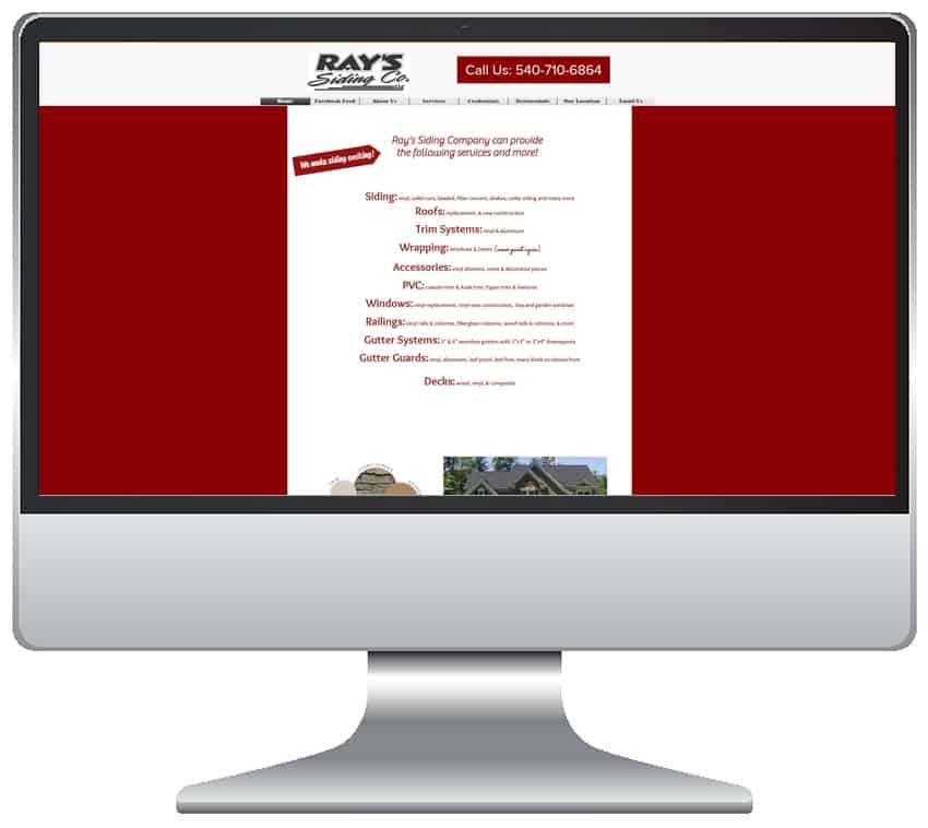 Image depicting a desktop computer screen with Rays Siding Company old website on the monitor.