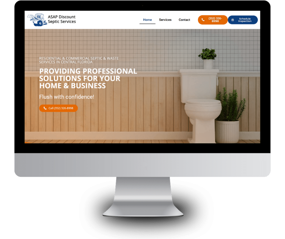 ASAP Discount Septic Services homepage on a desktop monitor, with bathroom toilet hero image and “Providing professional solutions” text.