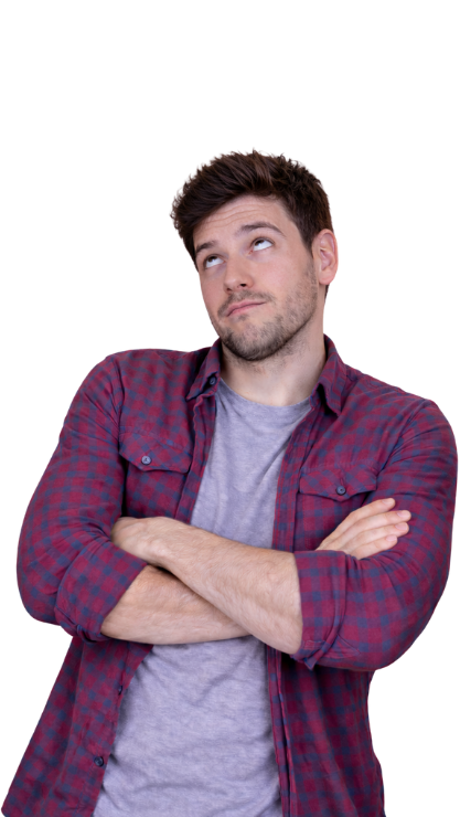 Man in red plaid shirt with arms crossed, looking up with skeptical expression.