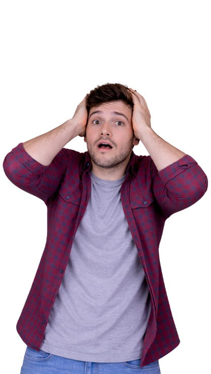 Overwhelmed man holding his head, mouth open, wearing a plaid shirt.