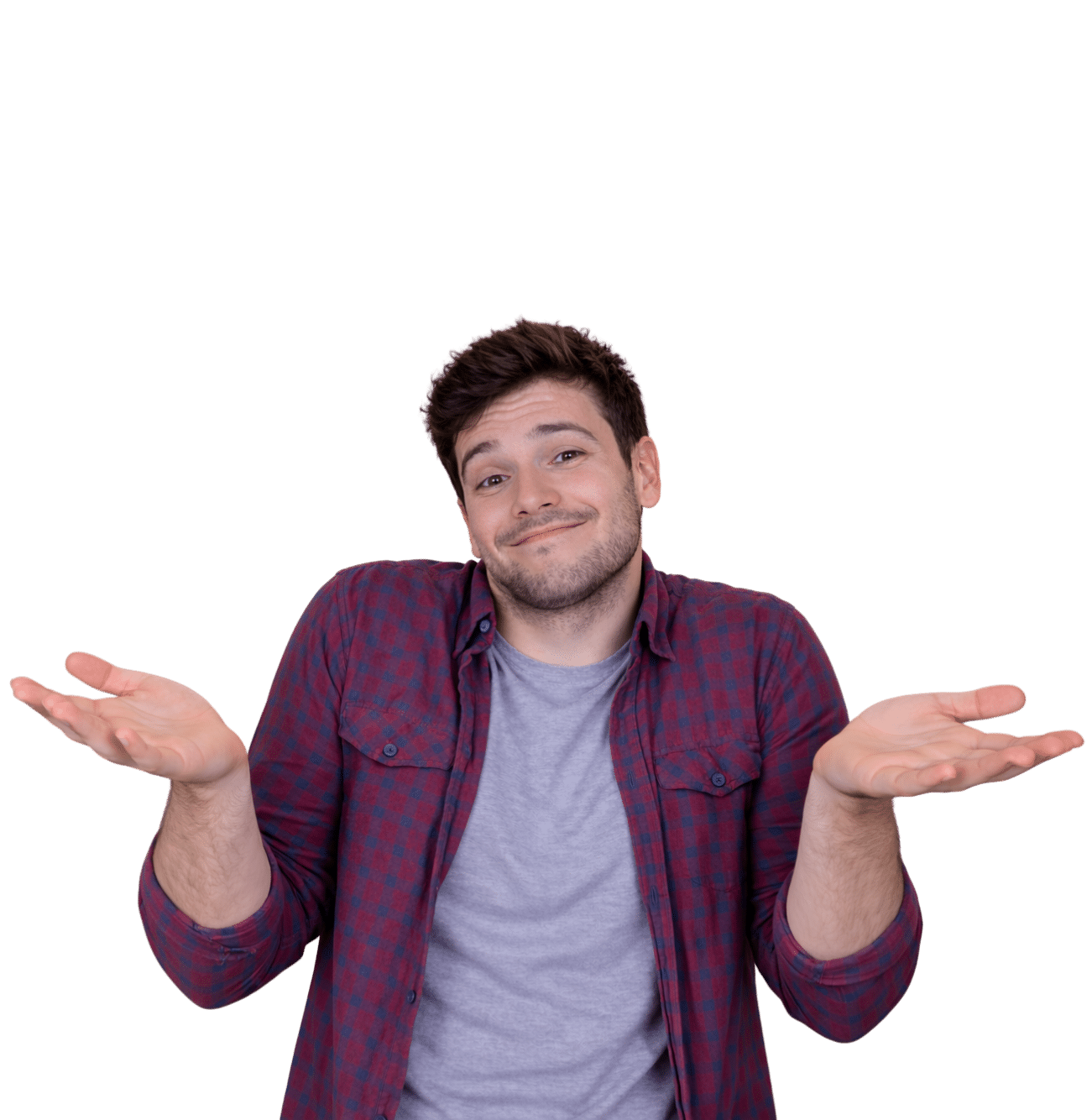 Smiling man shrugging with both palms up, as if saying “I don’t know.”