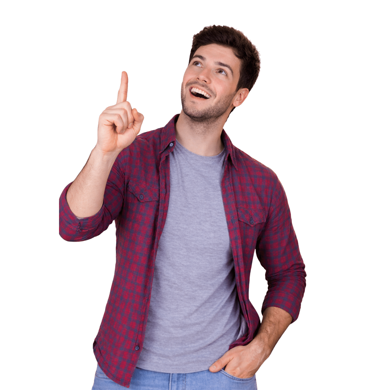 Smiling man in red plaid shirt points upward with index finger, looking up.